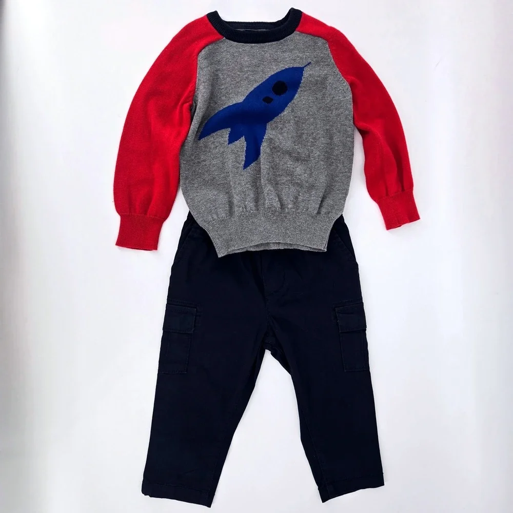 Gap Kids Boys Rocket Cotton Sweater 2T and OshKosh Blue‎ Cargo Pants 18M Set